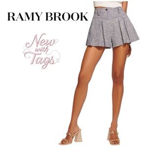 Ramy Brook Pleated Striped High waist Indigo Cotton Flared Shorts size 14